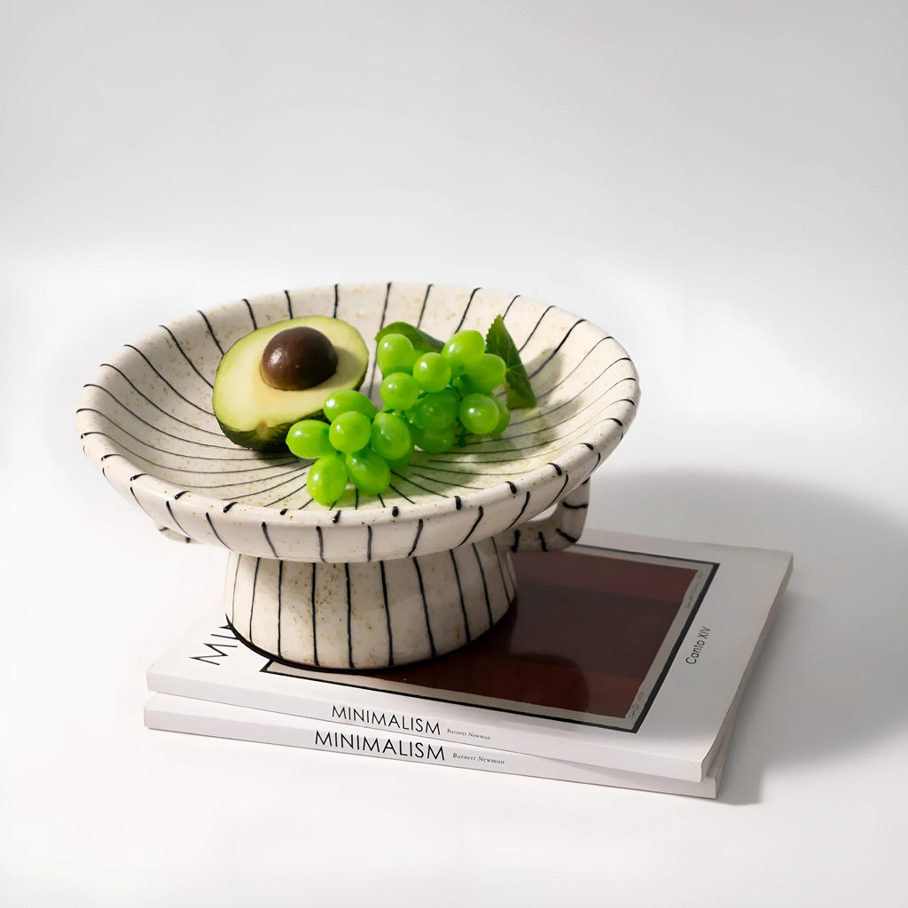 Black and white striped synthetic resin dessert plate with retro fruit ornament design