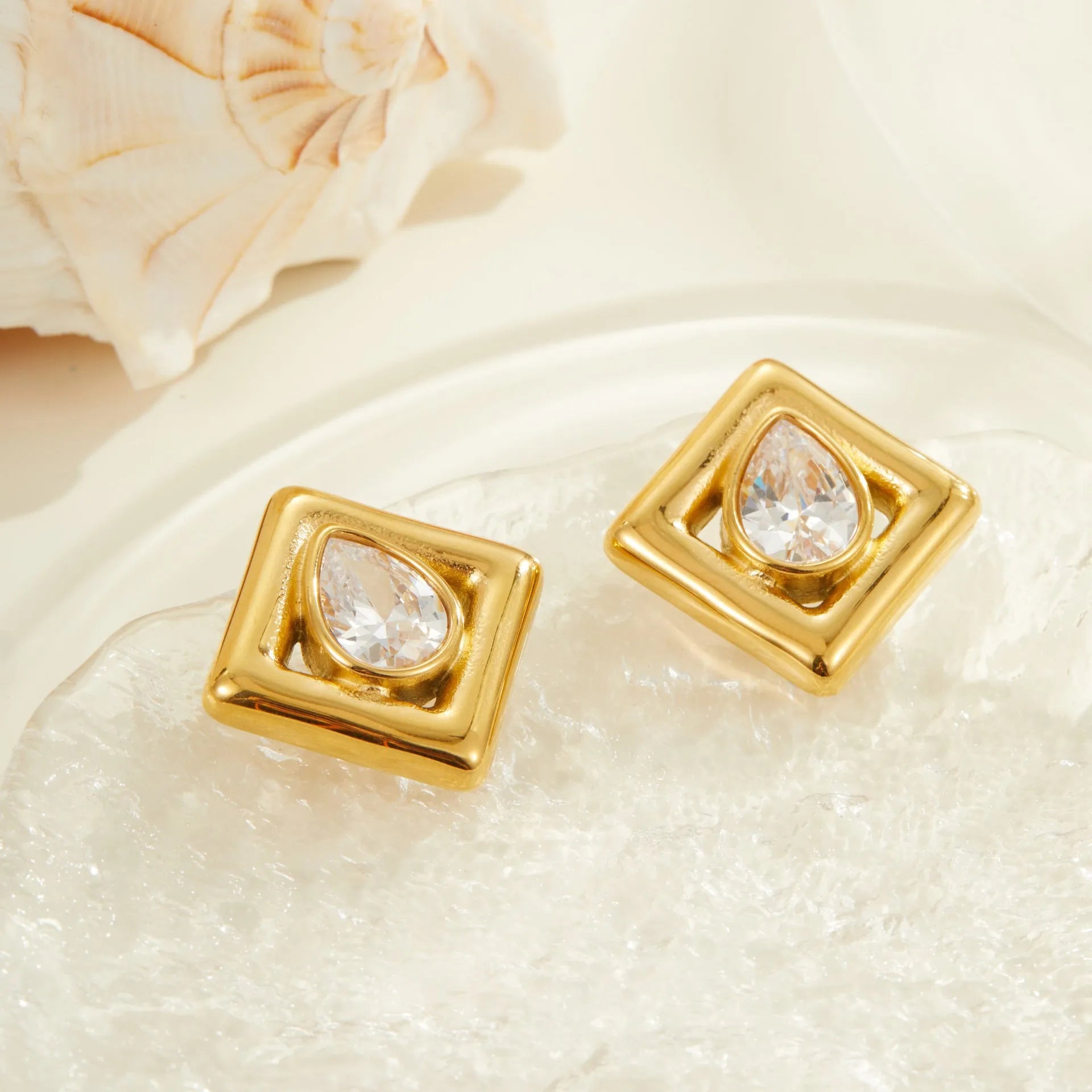 Gold geometric stud earrings with water drop zircon inlay on stainless steel with 18K plating