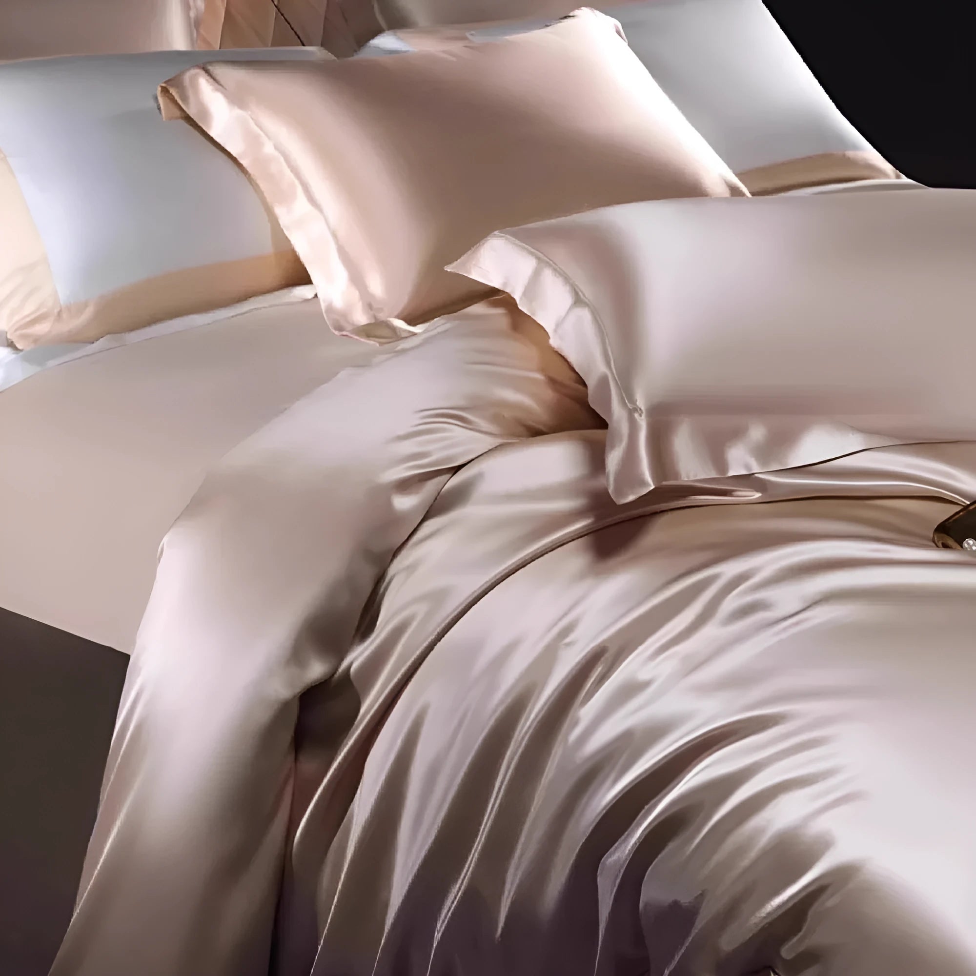 Solid colour silk four-piece quilt cover set shown in a light luxury bedroom setting.