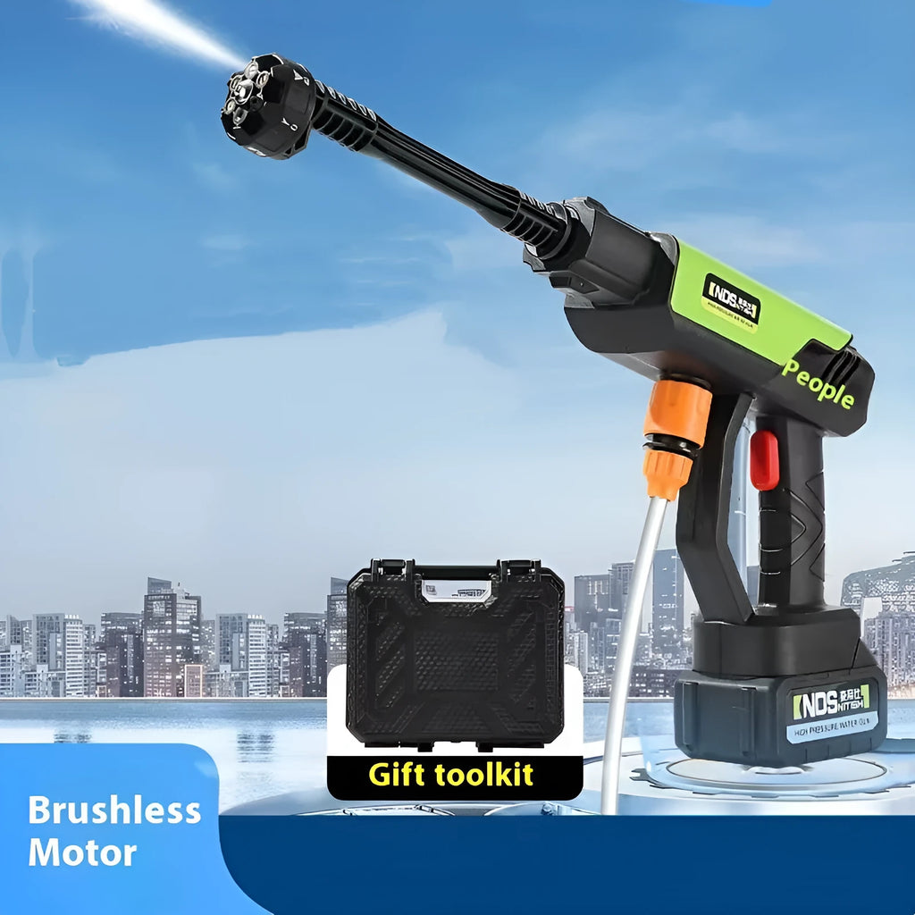 Green wireless high-pressure water gun with metal nozzle and set of cleaning accessories on a white background.