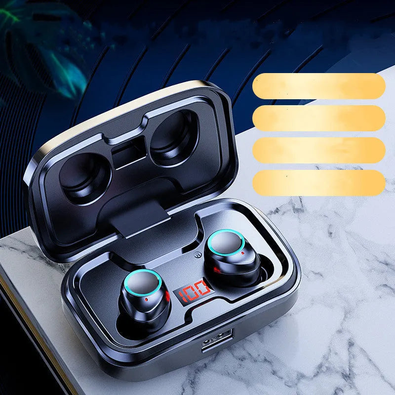 Wireless Bluetooth 5.0 in-ear earphones in black, blue, or red colours with 10-metre range