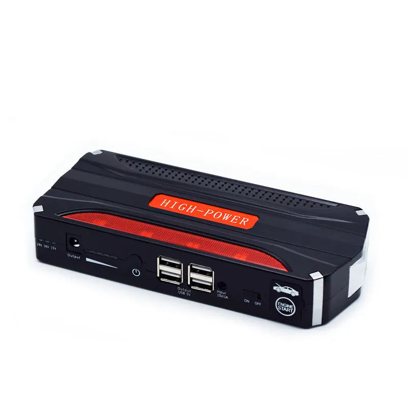 Black and red vehicle emergency jump starter with 7800mAh battery capacity showing connection clamps