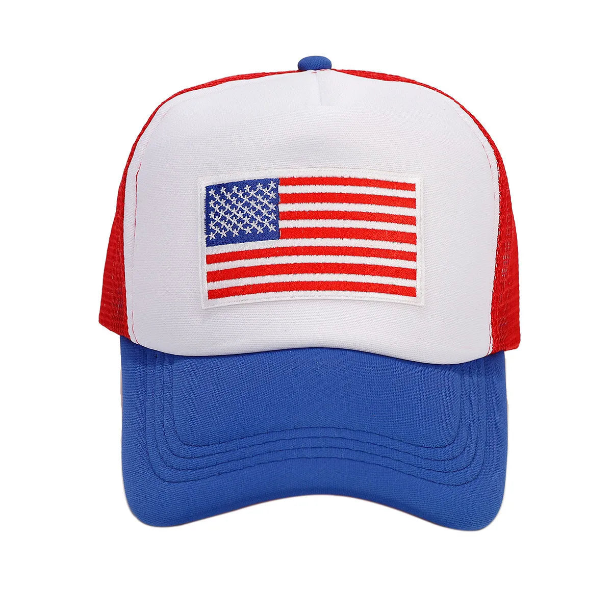 Red and blue contrast mesh baseball cap with adjustable strap on a dome crown.