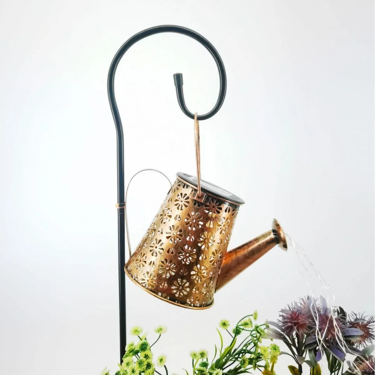 Butterfly kettle design solar courtyard light with wrought iron construction for outdoor garden placement