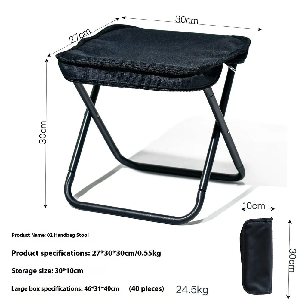 Lightweight foldable camp chair stool in khaki colour, shown both set up and folded into its compact pencil box carry case.