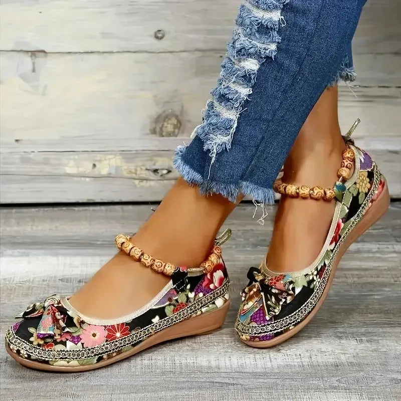 Women's black and red ethnic style platform sandals with elastic band fastening