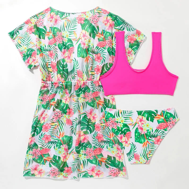 Girls' floral pattern two-piece polyester swimsuit for swimming ages 3-12