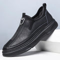 Men's black and brown casual leather shoes with round toe design showing front and side views