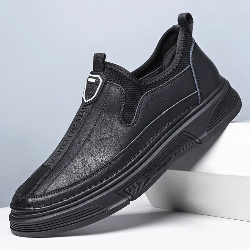 Men's black and brown casual leather shoes with round toe design showing front and side views