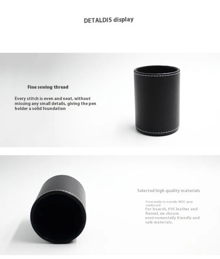 Round black leather pen holder container showing cylindrical shape and compact dimensions