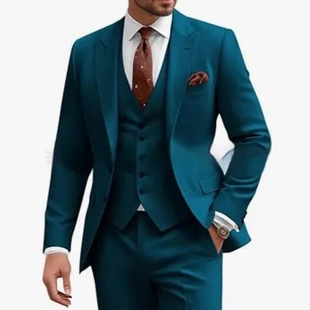 Men's slim fit three-piece suit in a chemical fibre blend, shown in multiple colour options.