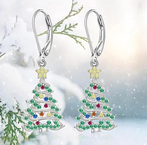 Women's Christmas tree earrings with star pendant in white gold colour