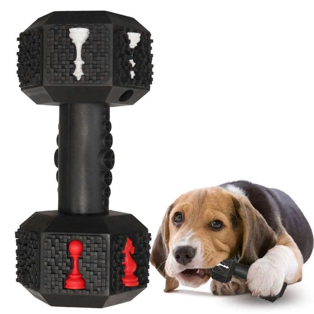 Natural rubber dog chew toy in dumbbell shape with hollow ends and textured surface