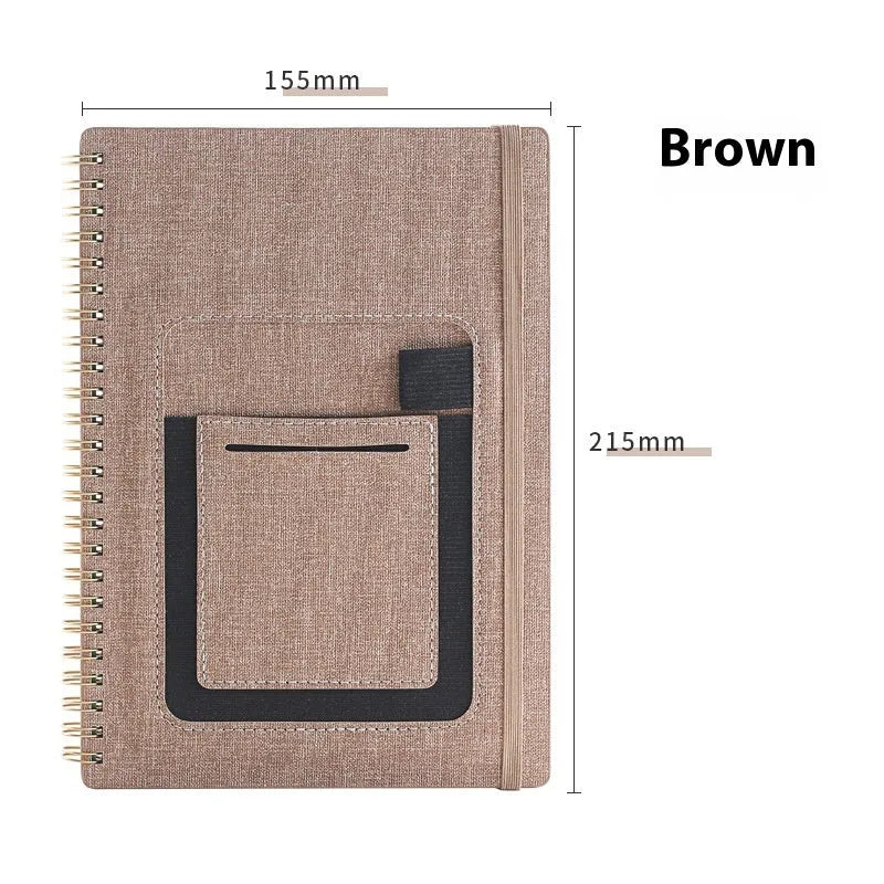 A5 erasable coil notebook with stone paper, open to show reusable pages and included pen, with custom cover options displayed.