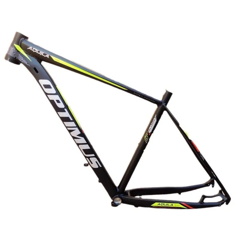 Black green aluminium mountain bike frame for 29-inch wheels with disc brake mounts and internal cable routing ports.