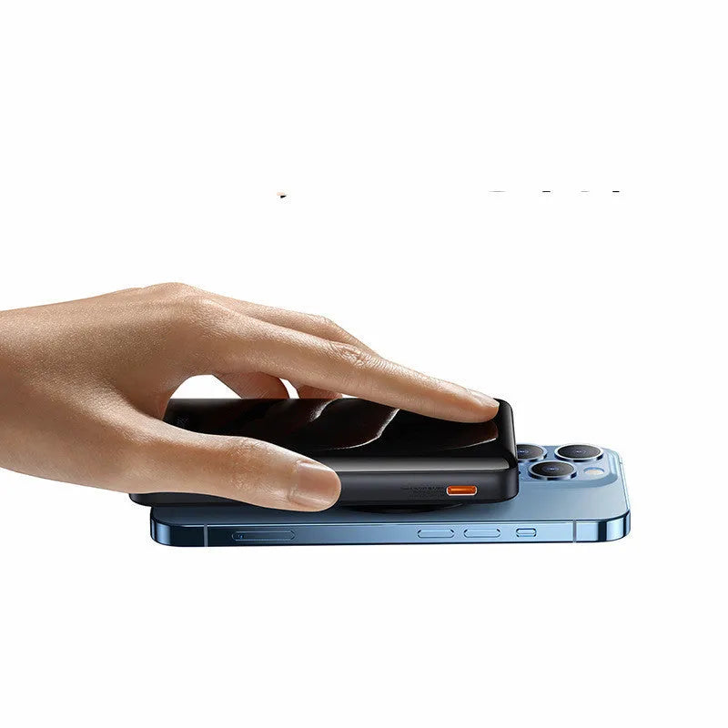 Slim blue 3-in-1 magnetic power bank with wireless charging capability showing dimensions