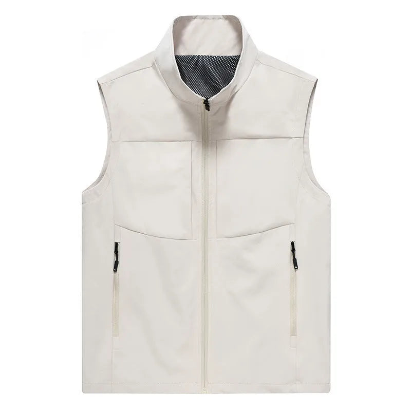 Men's khaki stand collar vest cardigan with zip pockets for outdoor leisure wear