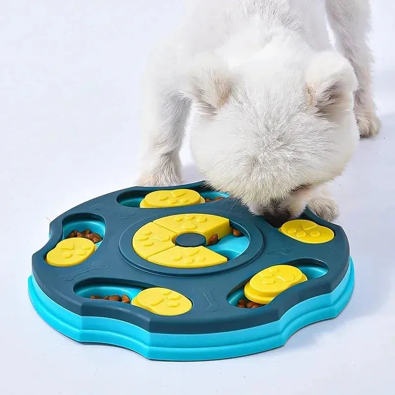 Blue and pink interactive dog puzzle feeder toy for slow eating and mental games