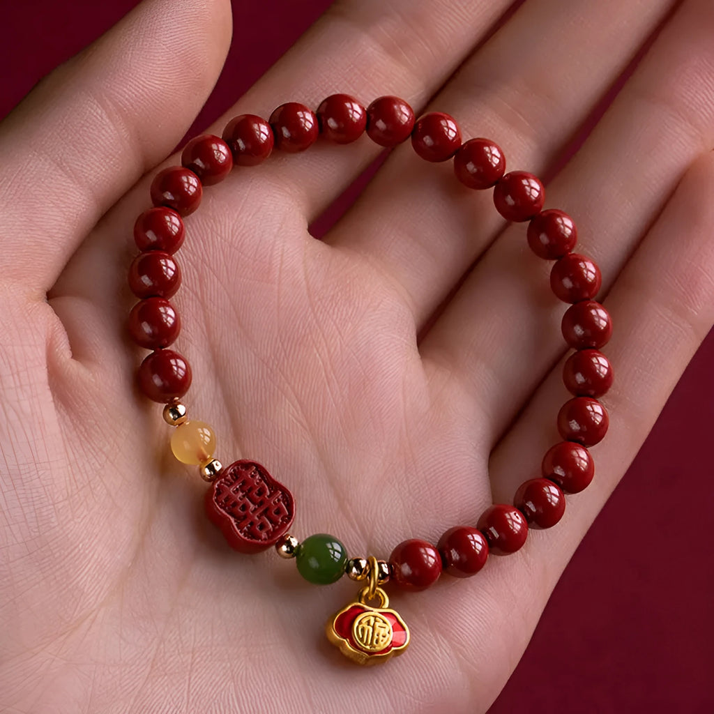 Emperor Sandstone cinnabar bracelet with fu character charm in 6mm and 8mm bead sizes