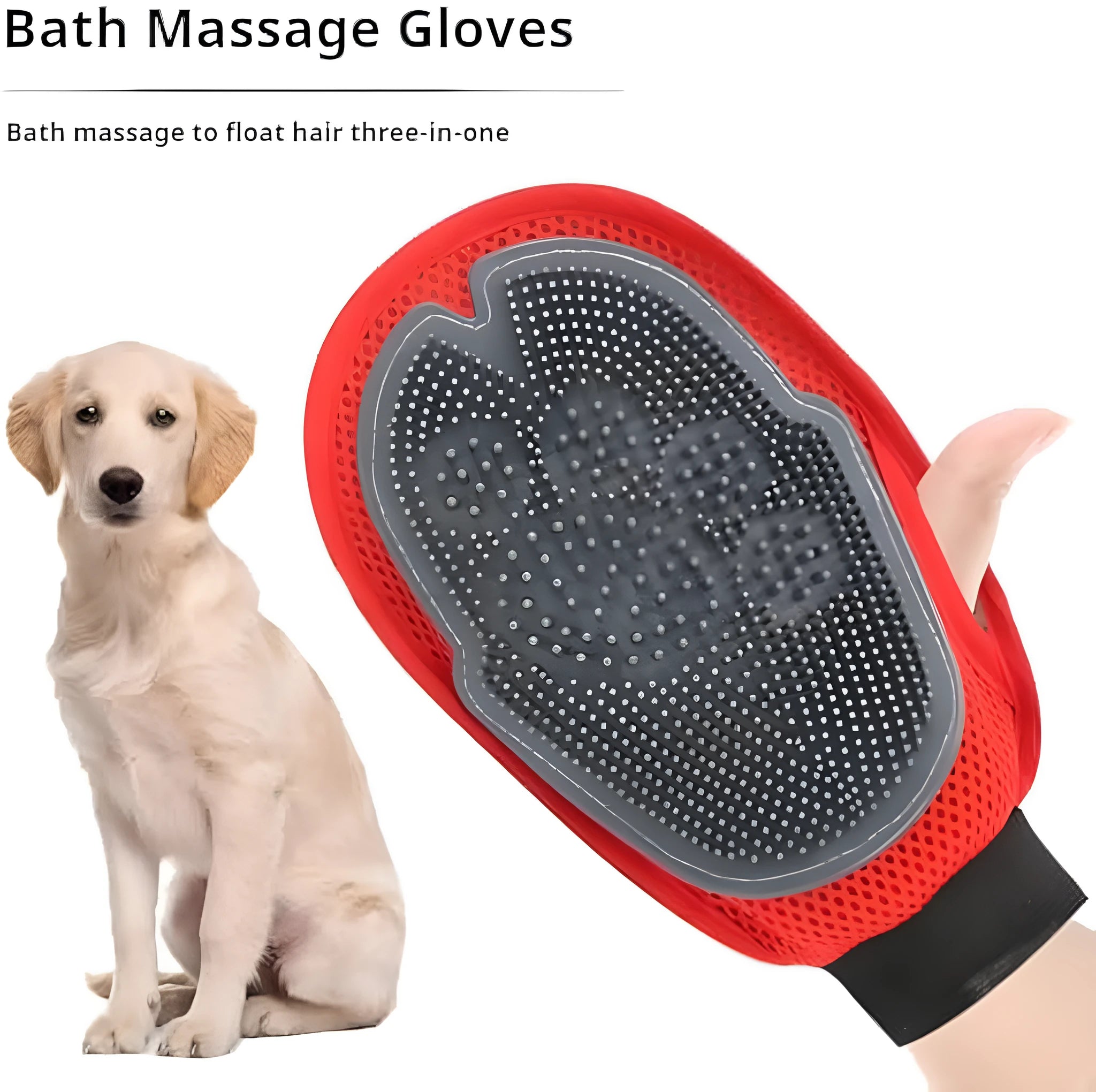 Red adjustable pet grooming and bathing glove for dogs and cats, showing brush surface.