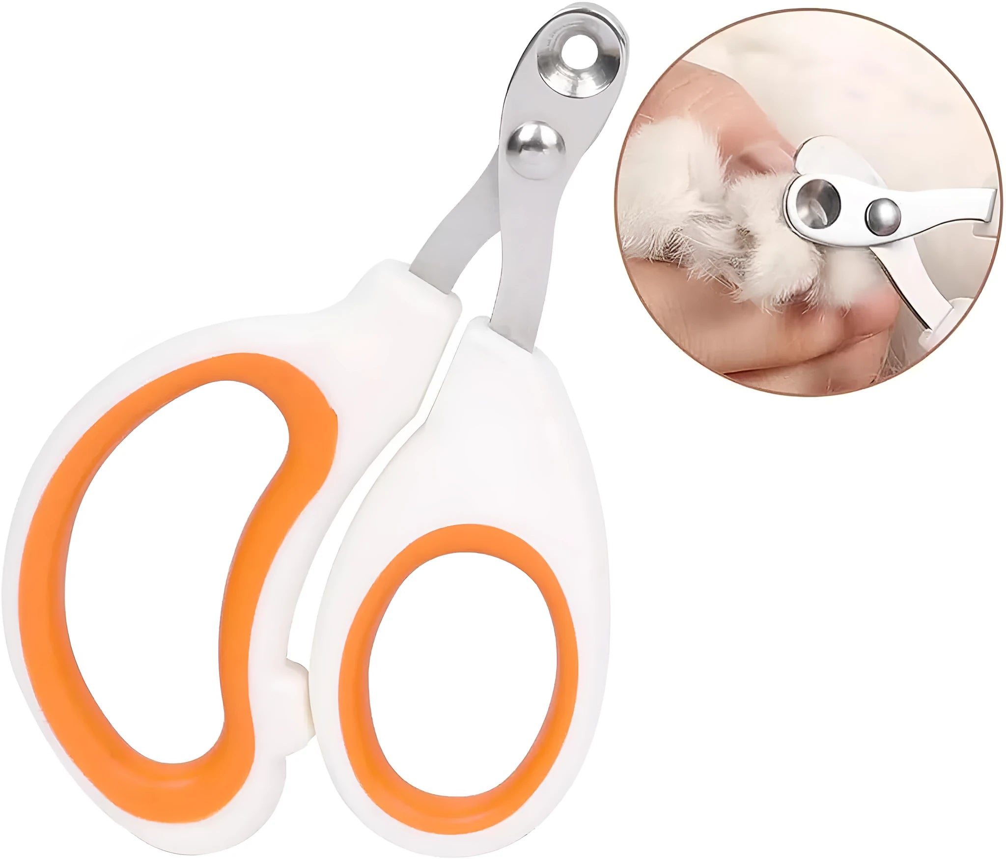 Blue handled cat nail clippers with circular cutting hole and stainless steel blade