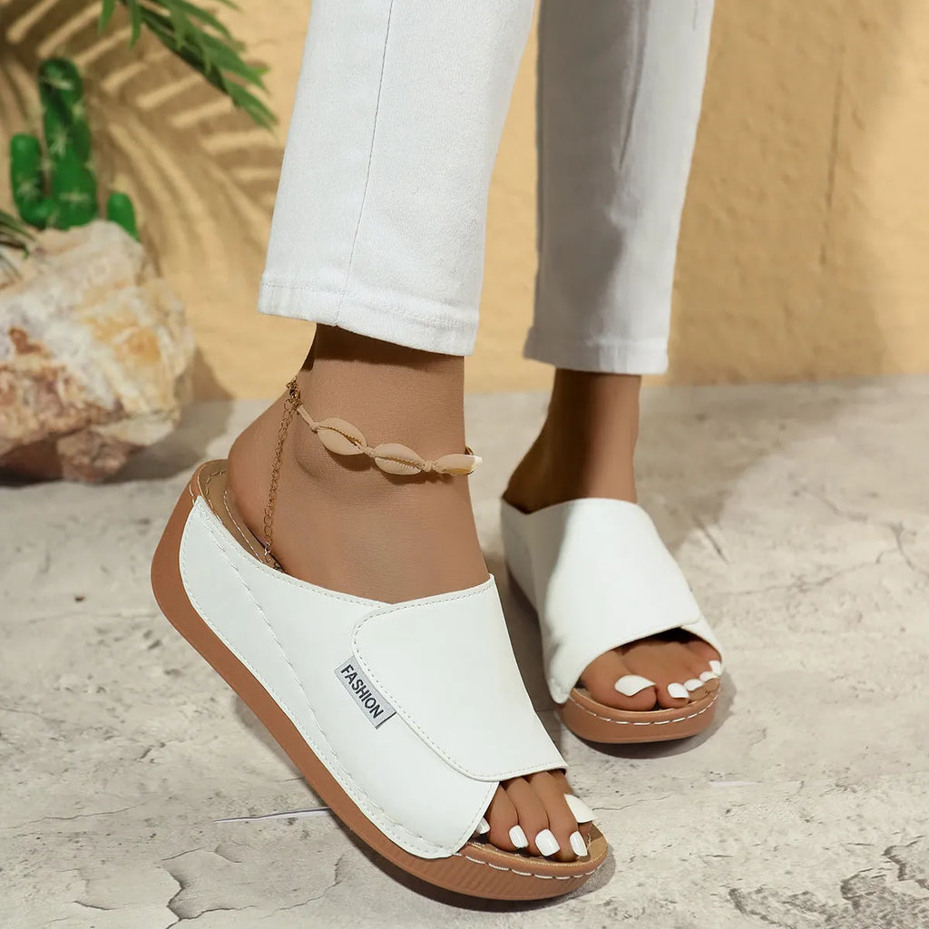 Women's summer wedge sandals fish mouth thick bottom solid colour artificial PU