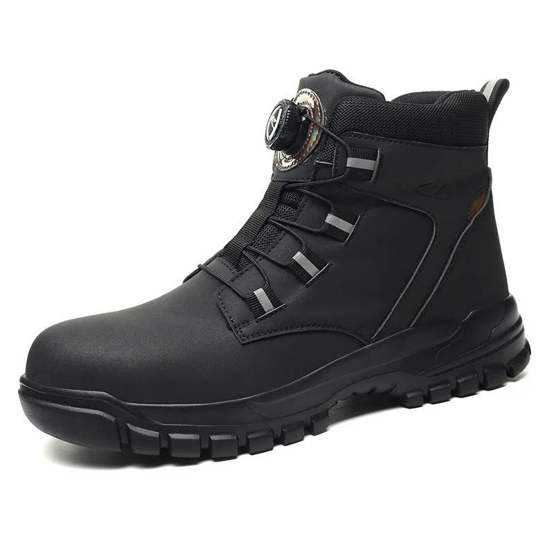 Leather and rubber anti-smashing puncture safety shoes in black, shown in a work environment.