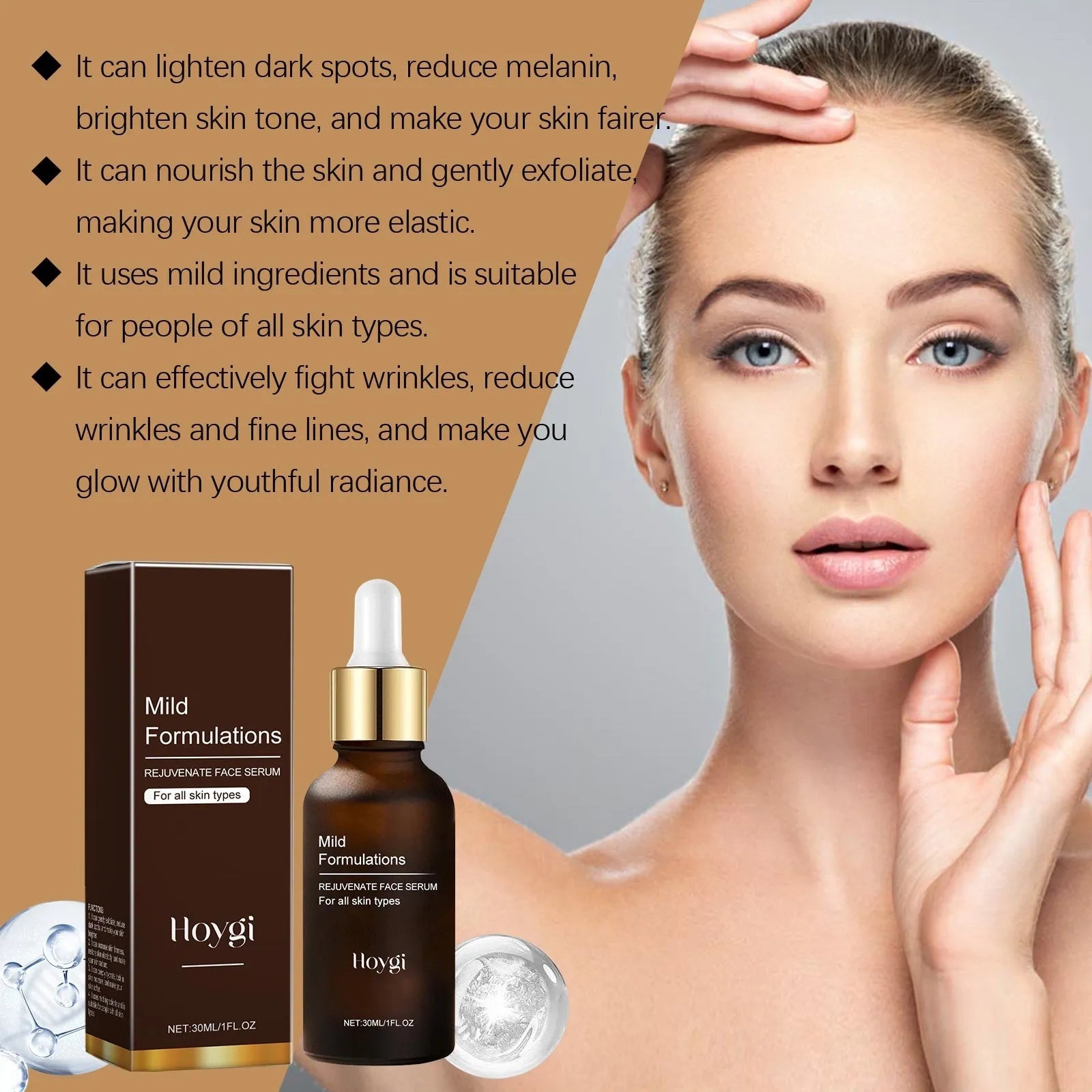 30ml bottle of facial skin care essence with arbutin, collagen, vitamin C, and hyaluronic acid.