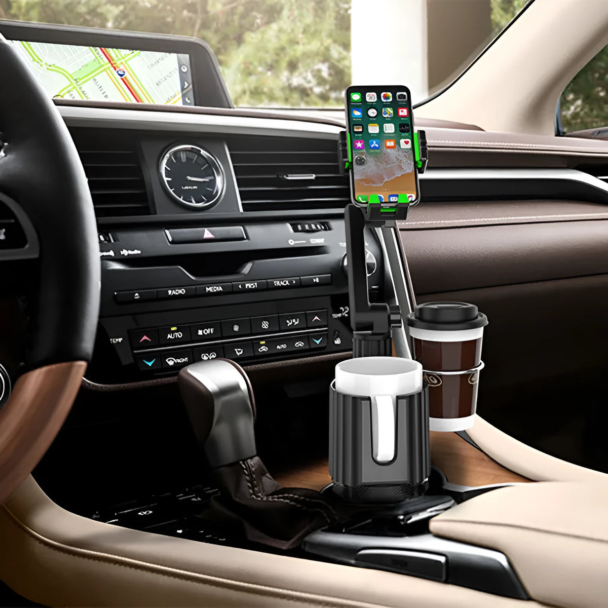 Green car cup holder expansion rack organising kettle and mobile phone alongside drinks
