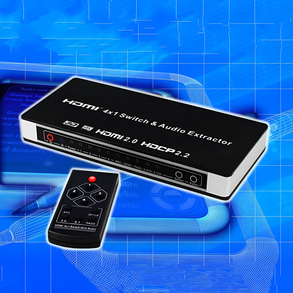 Black HDMI audio switch with remote control, 4 input ports and 1 output port for 4K video switching.