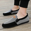 Men's grey and khaki canvas board shoes with round toe and rubber soles