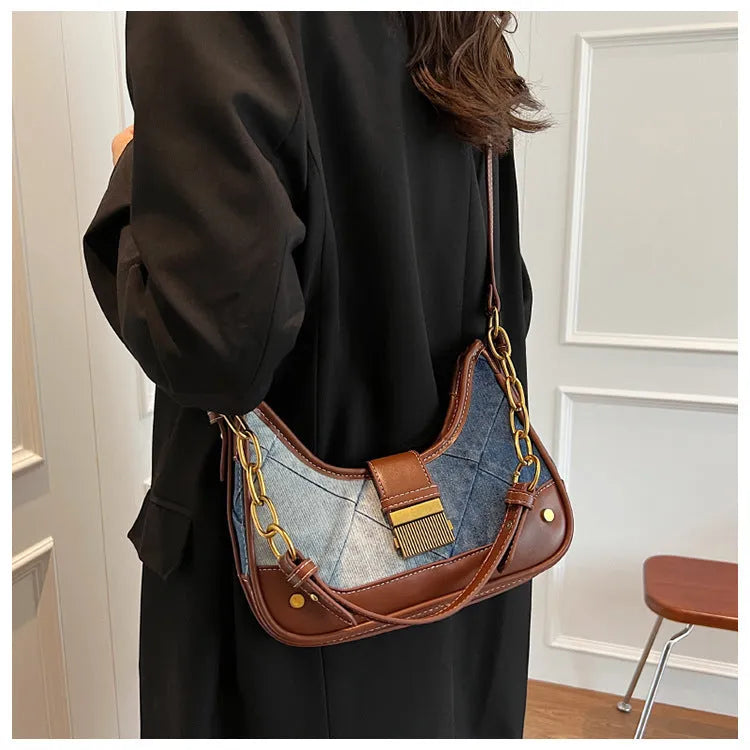 Brown denim women's shoulder bag with diamond chain, bucket design and street trend detailing