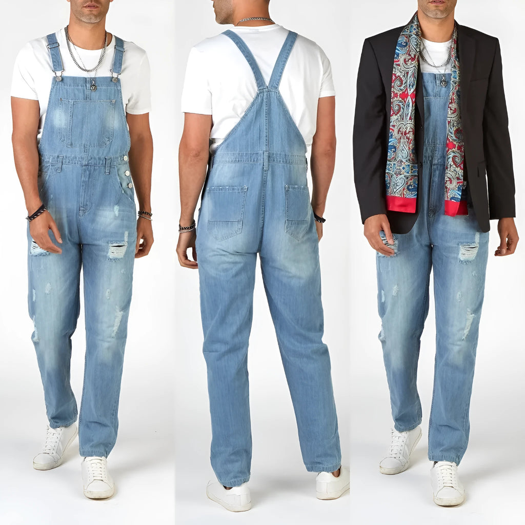 Light blue ripped denim suspender pants for men with high waist and straight legs