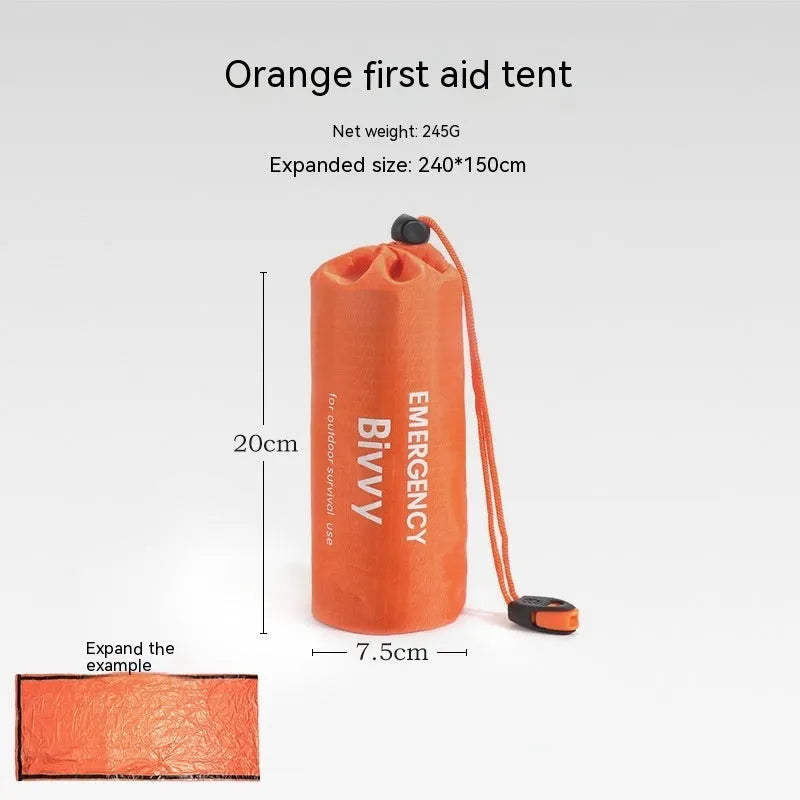 Emergency disaster relief tent kit with orange sleeping bag and whistle survival gear