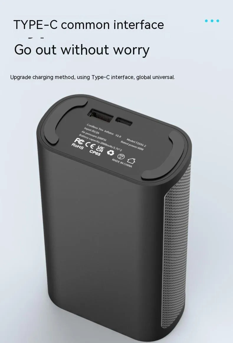 Black handheld wireless digital air pump with LCD screen and LED light, with assorted inflation nozzles