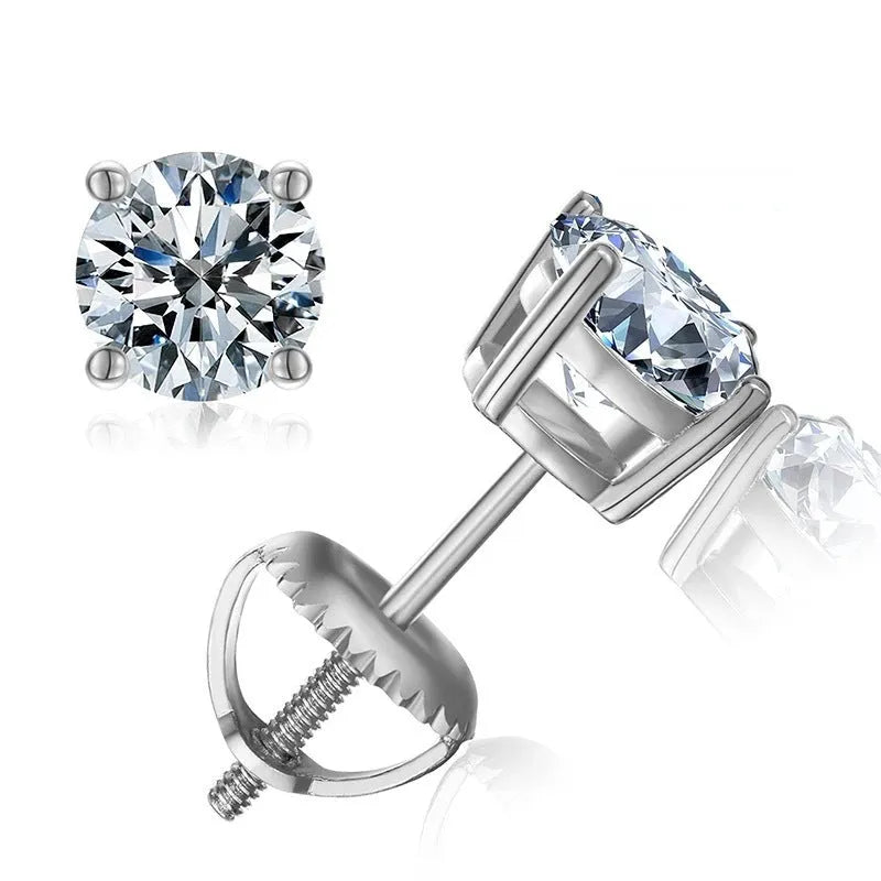 Silver geometric screw-back stud earrings with four-claw moissanite setting on black card
