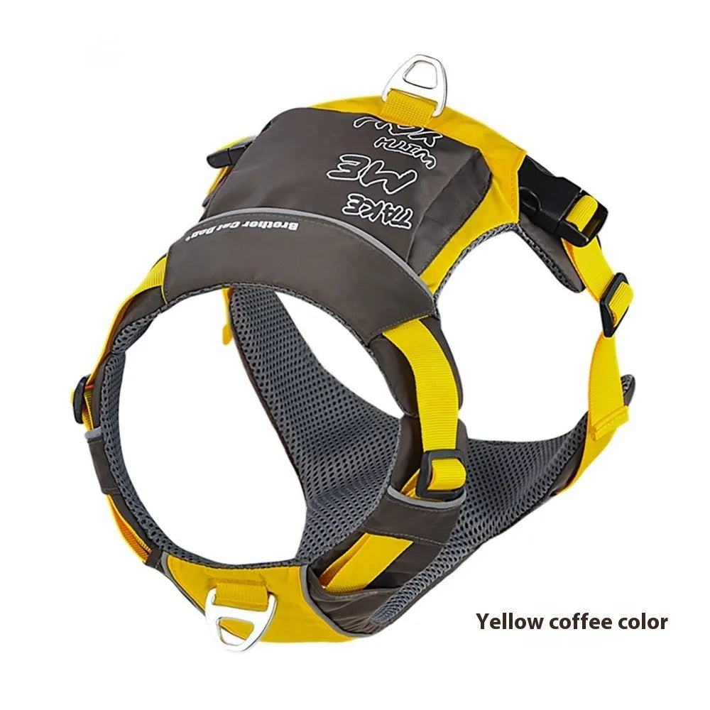 Orange blue nylon dog chest strap vest harness shown from the side on a dog.