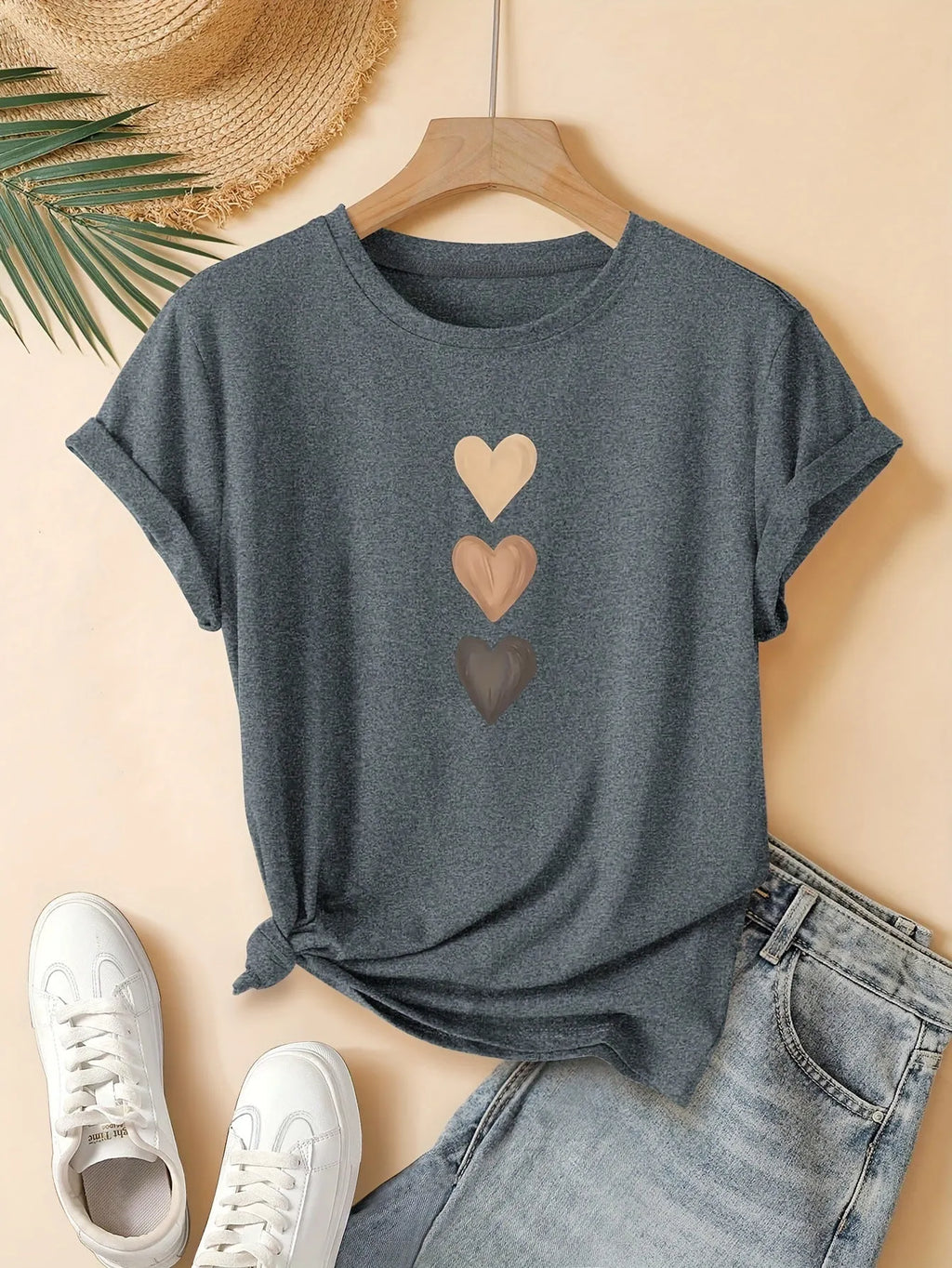 Women's pure cotton T-shirt with three heart printing in blue colour, short sleeve round neck design