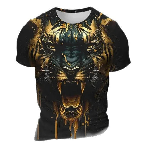 Close-up view of a man's grey T-shirt with a detailed, realistic 3D tiger face print on the chest.