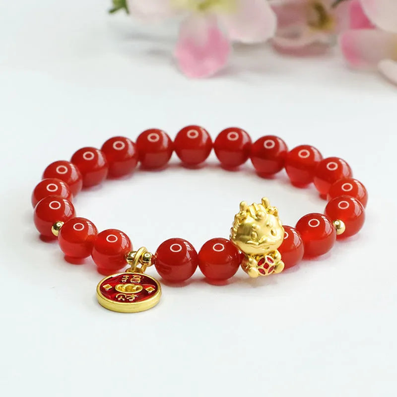 Red agate dragon zodiac bracelet with 8mm round beads and adjustable knot closure