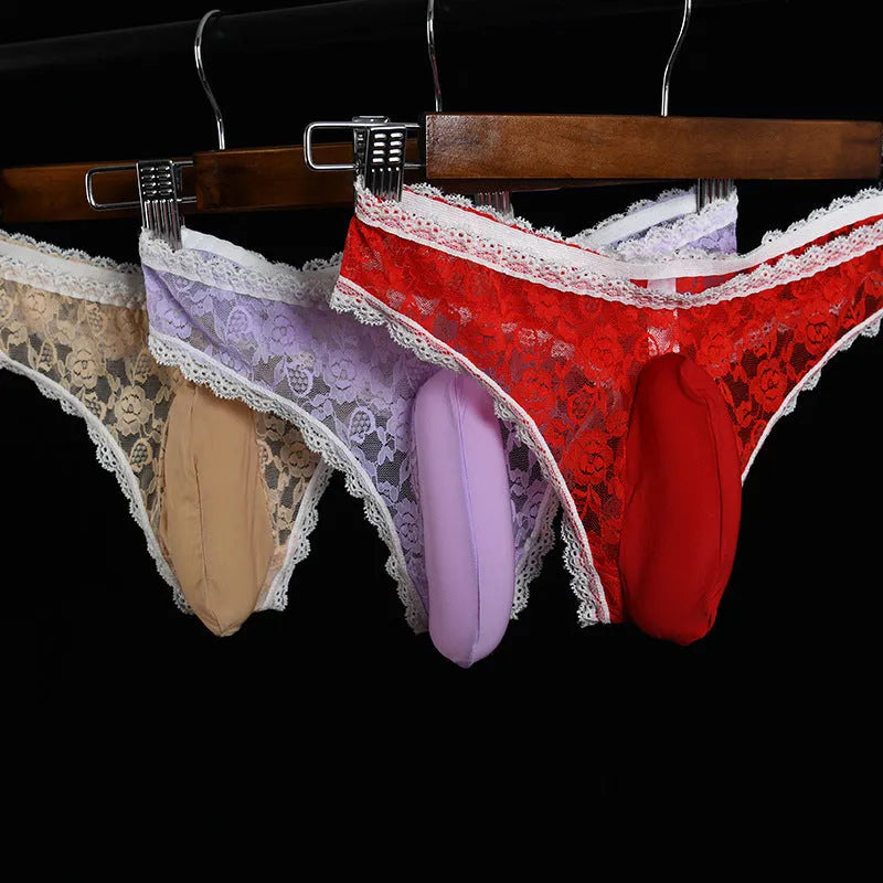 Men's lace underwear with vertical pouch design showing elasticated egg pouch detail in black colour