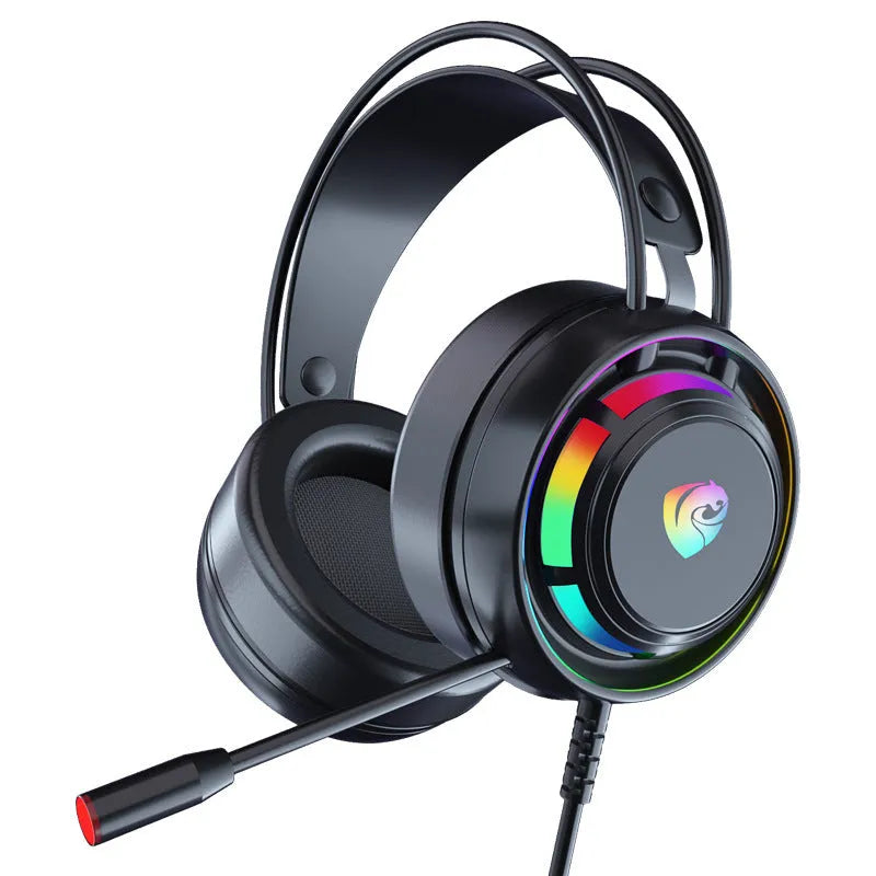 Black wired computer headphones with microphone, head-mounted design with sponge ear cushions