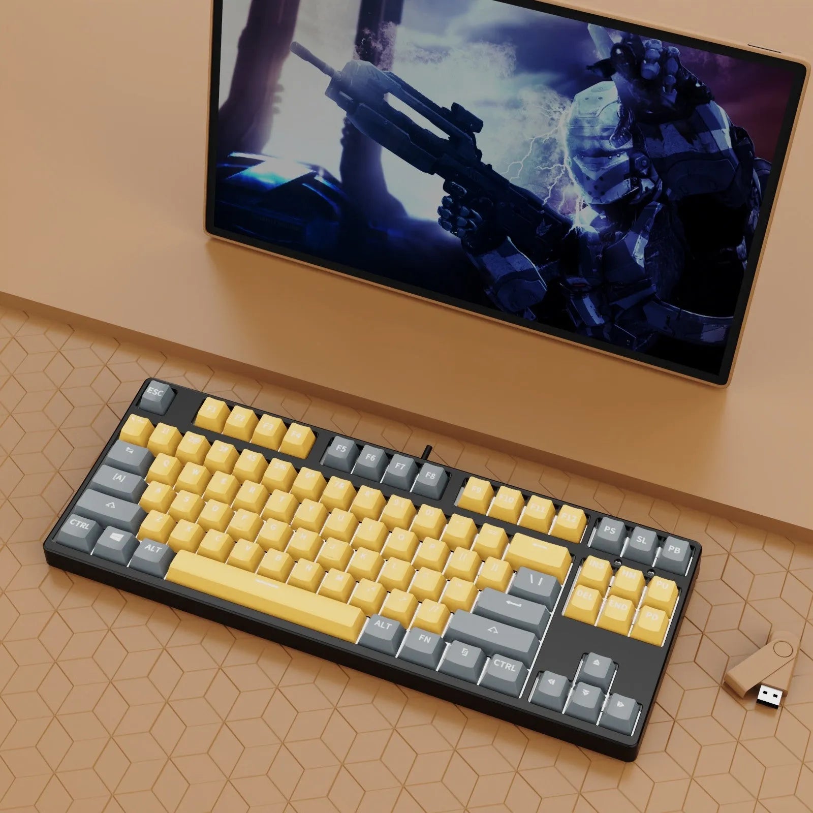87-key wired mechanical gaming keyboard with multi-colour keycaps on a metal body.