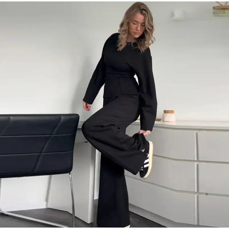 Women's polyester polar fleece suit set with pleated top and wide leg trousers in multiple colour options