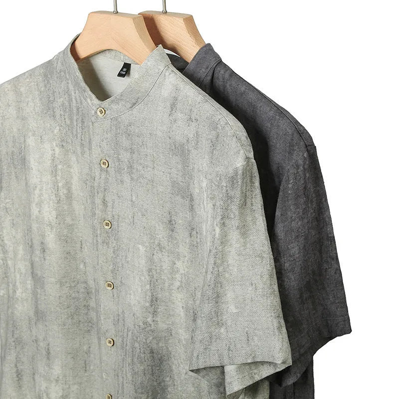 Men's loose fit linen blend shirt with stand collar in neutral colours
