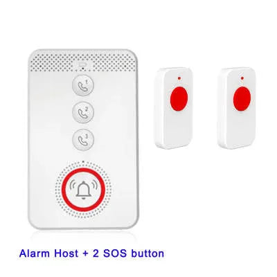 White one-click voice emergency alert device with a central buzzer unit and three separate wireless call buttons.