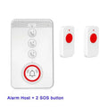 White one-click voice emergency alert device with a central buzzer unit and three separate wireless call buttons.