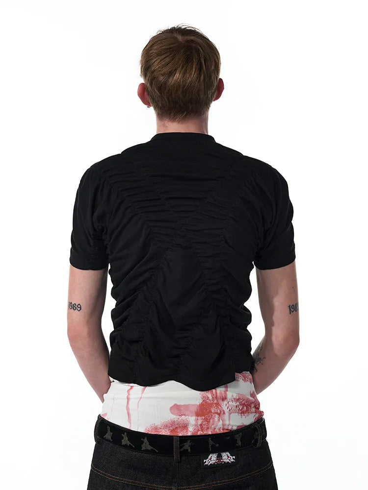 Men's black printed summer shirt with slim fit and Korean style pleating details