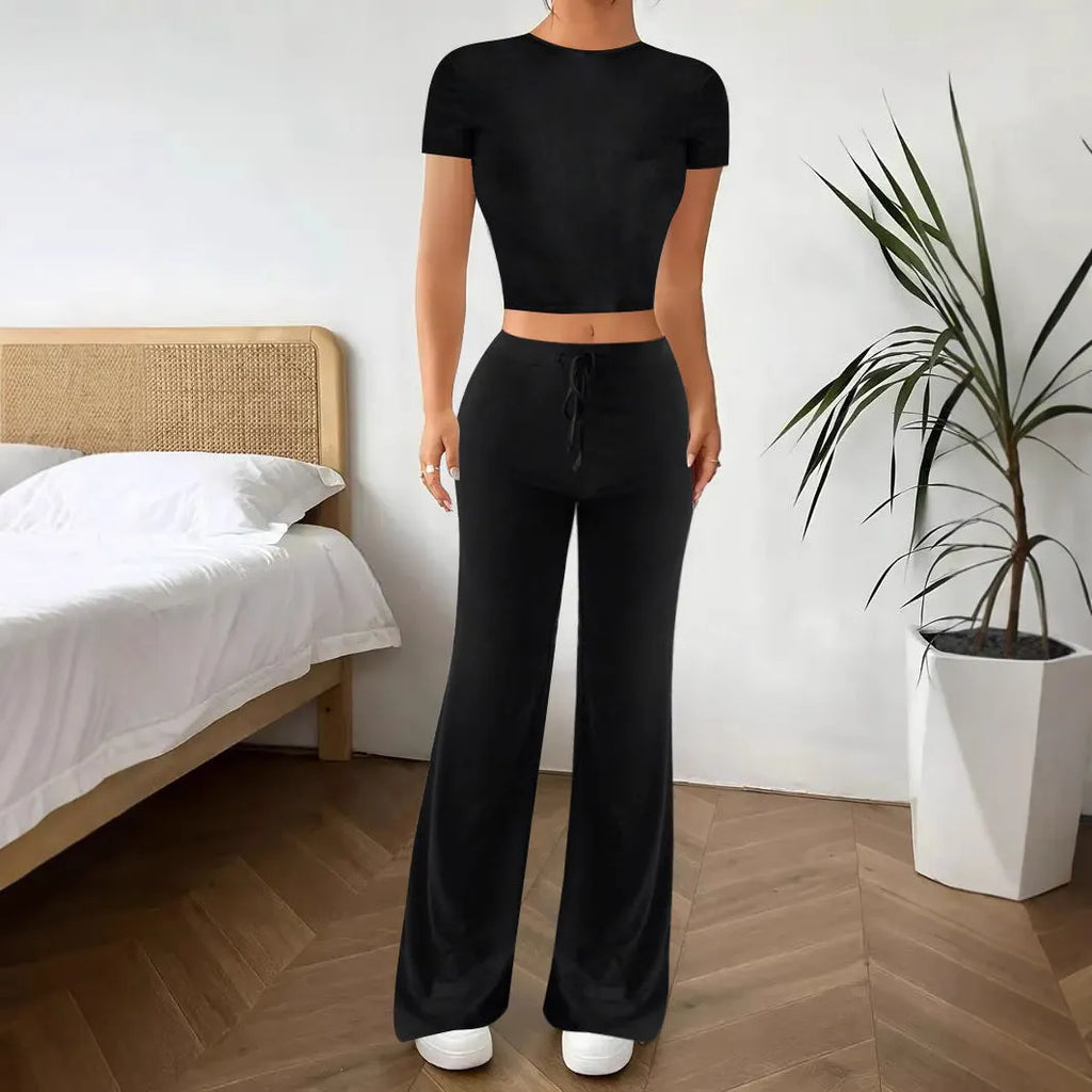 Black high-waist trousers and short-sleeve t-shirt polyester suit set displayed together