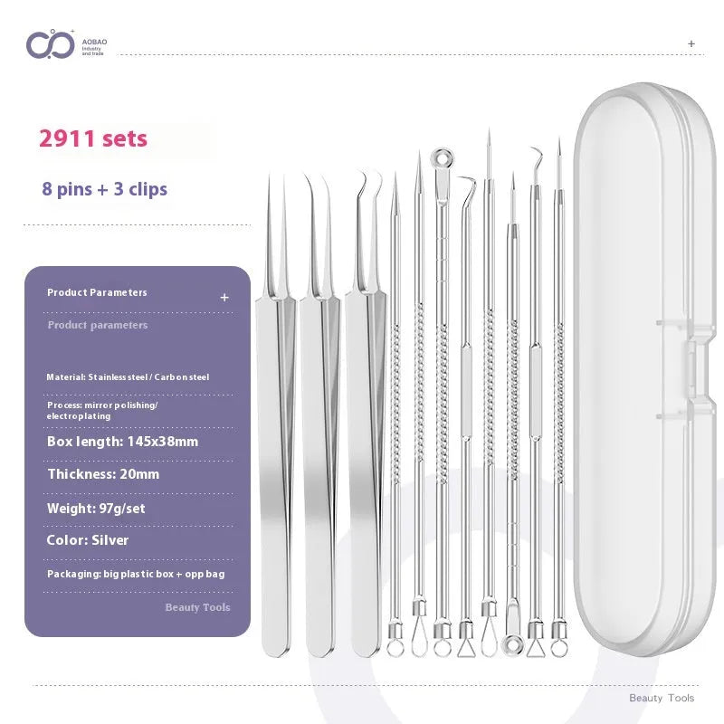 Four silver metal acne needles with ultra-fine pointed tips for skincare treatment.